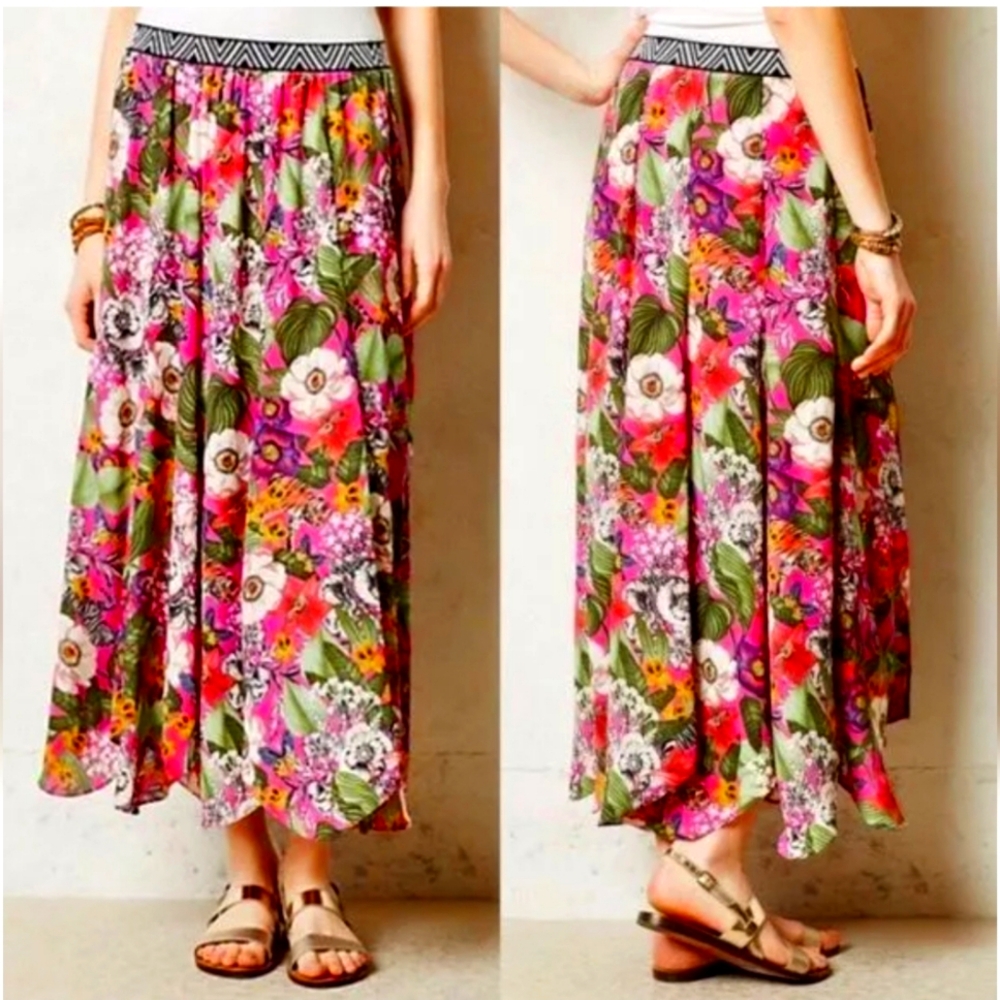 Anthropologie Maeve Banda Floral Print Long Wide Scalloped hem Skirt XS